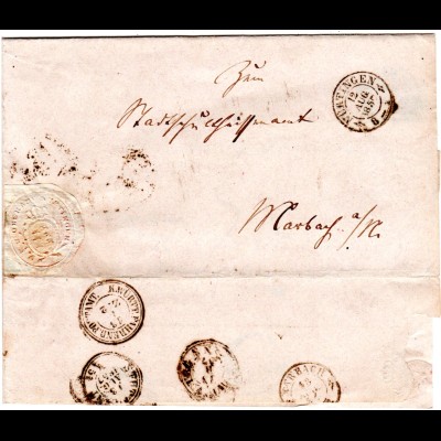 Württemberg 1857, Zier K2 NÜRTINGEN u. MARBACH auf 2mal verwendeter Briefhülle