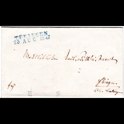 Württemberg 1847, L2 TÜBINGEN in blau auf Franko Brief n. Ebingen