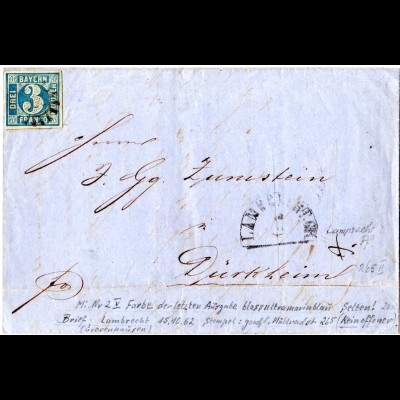 Bayern 1862, breitr. 3 Kr. (Pl. V) auf Brief m. MR 265 v. Lambrecht n. Dürckheim