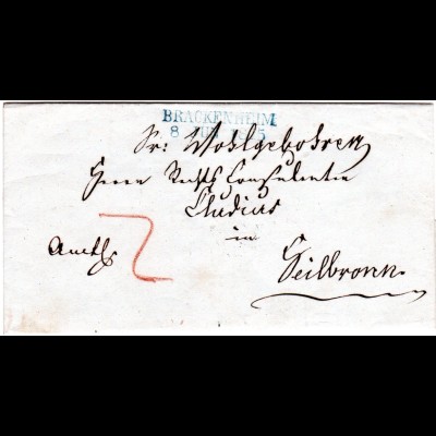 Württemberg 1845, L2 BRACKENHEIM in blau auf Amts Brief n. Heilbronn.