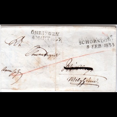 Württemberg 1855, L2 SCHORNDORF u. ÖHRINGEN auf Armensache Nachsende Brief 