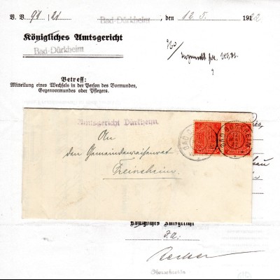 DR 1922, MeF Paar Dienst 1 Mk. auf Brief v. Bad Dürckheim n. Freinsheim. Geprüft