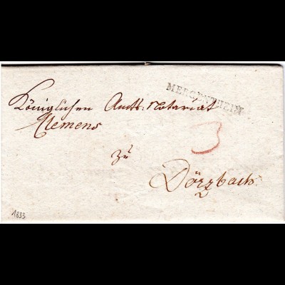 Württemberg 1833, L1 MERGENTHEIM auf Porto Brief v. Altkrautheim n. Dörzbach