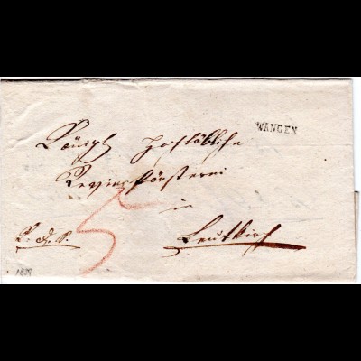 Württemberg 1837, L1 WANGEN auf Porto Brief n. Leutkirch