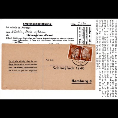 DR 1942, 2x3 Pf. auf Liebesgaben Paket Empfangsbestätigungskarte v. Stade