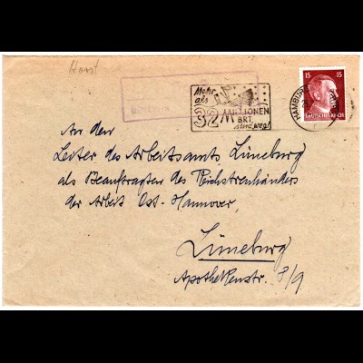 DR 1943, Landpost Stpl. HORST über Hamburg-Harburg auf Brief m. 15 Pf. 
