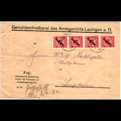 DR 1924, MeF 4x10 Pf. Dienst auf Zustellungsurkunde Brief v. Lauingen