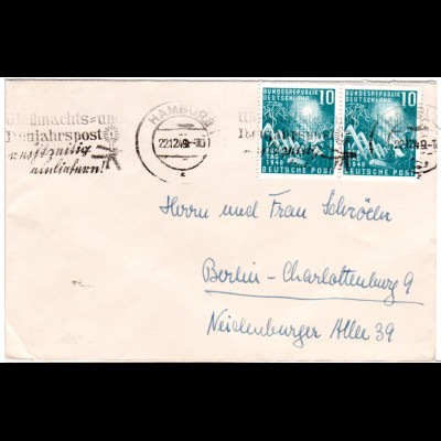 BRD 1949, MeF Paar 10 Pf. Bundestag auf Bedarfs-Brief Hamburg n. Berlin.