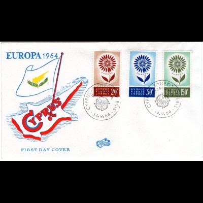 Zypern 1964, 3 Europa-CEPT Werte kpl. auf FDC