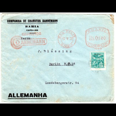 Brasilien 1937, Zigarrenhandel Brief m. 50 R.+Dannemann Freistempel v. Sao Felix