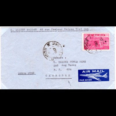 Vietnam 1967, 10d auf Luftpost Brie v. Saigon n. Phnom Penh, Kambodscha