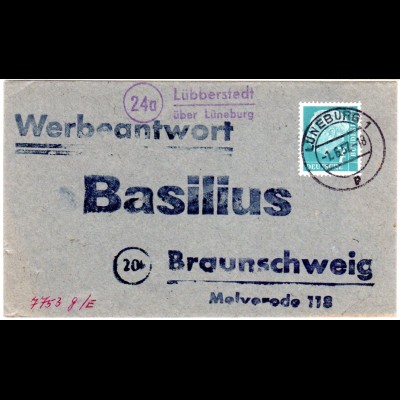 BRD 1957, Landpost Stempel 24a LÜBBERSTEDT über Lüneburg auf Werbeantwort Brief