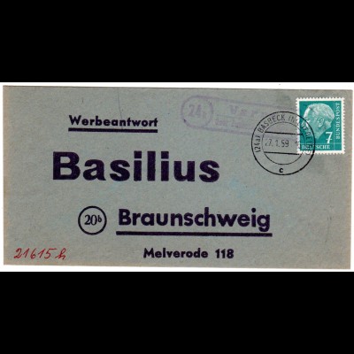BRD 1959, Landpost Stempel 24a VARREL über Basbeck auf Werbeantwort Brief 