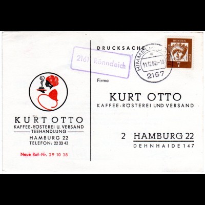 BRD 1962, Landpost Stpl. 2161 RÖNNDEICH auf Werbekarte m Stpl. Himmelpforten