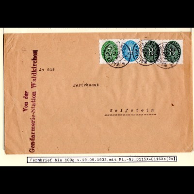 DR 1933, 3+4+2x8 Pf. Dienst auf Brief der Gendarmeriestation Waldkirchen.