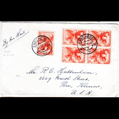 NL 1945, MeF 5x 7 1/2 C. Löwe u. Drache auf Luftpost brief v. Enschede n. USA