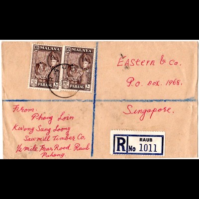 Malaya 1957, 3x 10 C. tiger on front and backside of registered cover from Raub