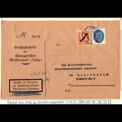 DR 1934, 4+50 Pf. Dienst auf Brief des Amtgericht Mallersdorf n. Landshut.