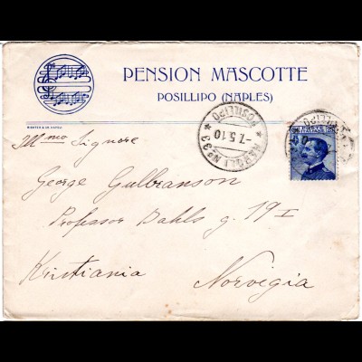 Italien 1910, 25 C. auf Hotel Brief v. Napoli No.33 Posillipo n. Norwegen