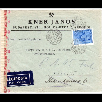 Ungarn 1943, 50 F auf Luftpost Zensur Bergbau Vordruck Brief v. Budapest n. Wien