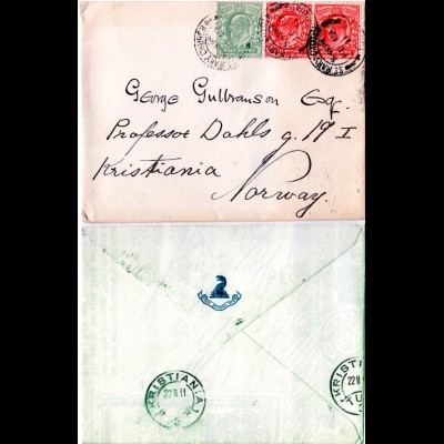 GB 1911, 1/2+2x1d auf Brief m. rücks. Prägung v. St. Mary Church n. Norwegen