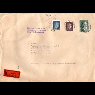DR 1943, 1 Mk.+4+10 Pf. Hitler auf portorichtigem Ostmark Wert Brief v. Wien