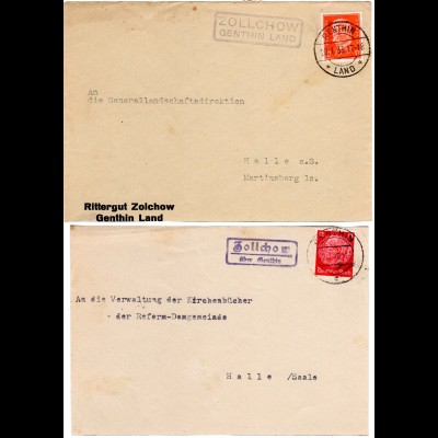 DR 1933/40, 2 versch. Landpost Stpl. ZOLLCHOW / Genthin klar auf 2 Briefstücken