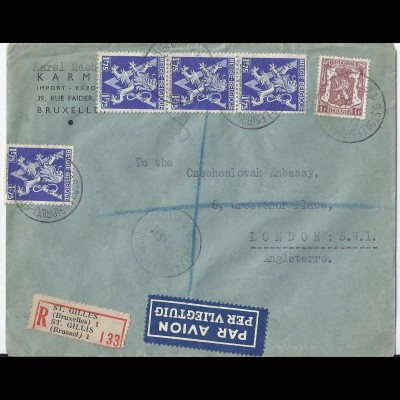 Belgien 1946, Einschreiben Luftpost Brief v. St. Gilles an CSSR Embassy GB #1721