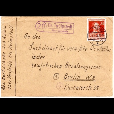 1948, Landpoststpl. 20 GR.-TWÜLPSTED über Vorsfelde auf Brief m. 24 Pf. Stephan