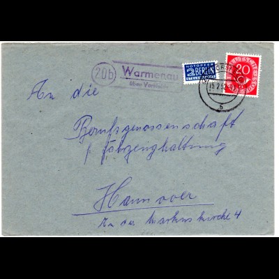 BRD 1952, Landpoststpl. 20b WARMENAU über Vorsfelde auf Brief m. 20 Pf.