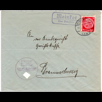 DR 1938, Landpoststpl. MEINKOT über Vorsfelde auf Brief m. 12 Pf.