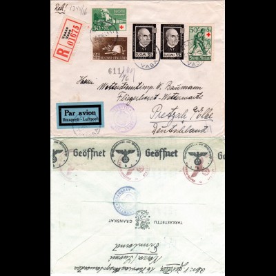 Finnland 1944, 5 Marken auf Luftpost Zensur Brief v. Vaasa n. Deutschland