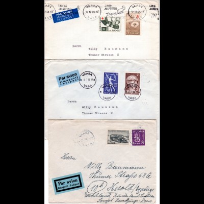 Finnland 1947/64, 3 Briefe m. versch. Luftpost Etiketten v. Vaasa n. Deutschland
