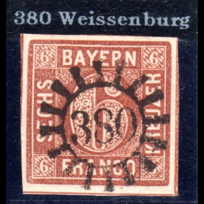 Bayern, MR 380 klar u. zentrisch auf breitrandiger 6 Kr.