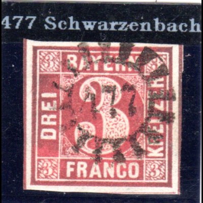 Bayern, MR 477 SCHWARZENBACH klar u. zentrisch auf breitrandiger 3 Kr.