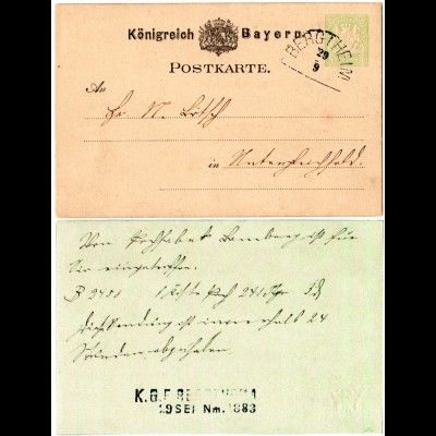 Bayern 1883, BERGTHEIM HKS- u. K.G.E.-L2 auf 3 Pf. Ganzsache
