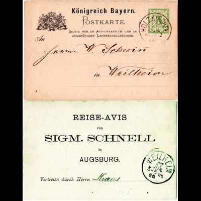 Bayern 1886, K1 Holzkirchen auf 3 Pf. Reise-Avis Ganzsache S. Schnell Augsburg