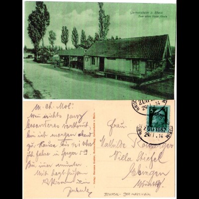 Bayern 1914, DR Bahnpost-Stpl. Bruchsal-Germersheim auf sw-AK m. 5 Pf.