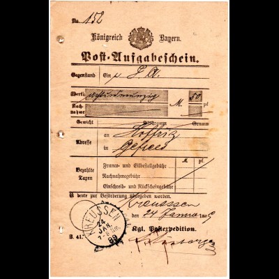 Bayern 1889, Postschein f. einen Wertbrief m. K1 Kreussen