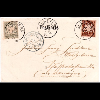 Bayern 1900, 2+3 Pf. auf Karte mit klren Stempeln v. SCHEYERN