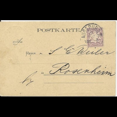 Bayern 1880, EF 5 Pf. violett WZ weite Welle auf Postkarte v. Augsburg II #1412
