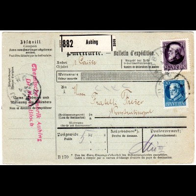 Bayern 1917, 2 Mk.+20 Pf. auf Paketkarte v. Aubing n. Konstantinopel, Türkei