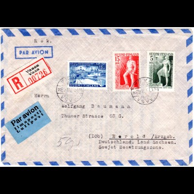 Finnland 1948, 3 Marken auf Reko Brief m. kleinem 2-sprachigem Luftpostetikett