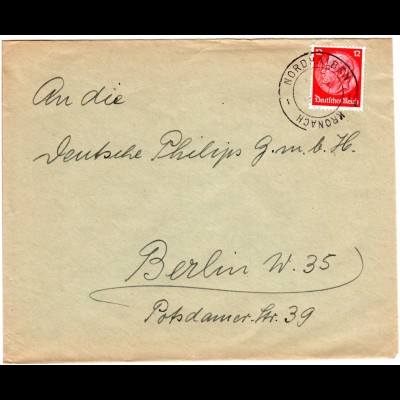 DR 1936, Bahnpost-K2 NORDHALBEN - KRONACH auf Brief v. Stoffelsmühle m. 12 Pf.