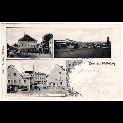 Gruss aus Pfaffenberg m. Brauerei, Schule u. Geschäften, 1906 gebr. sw-AK