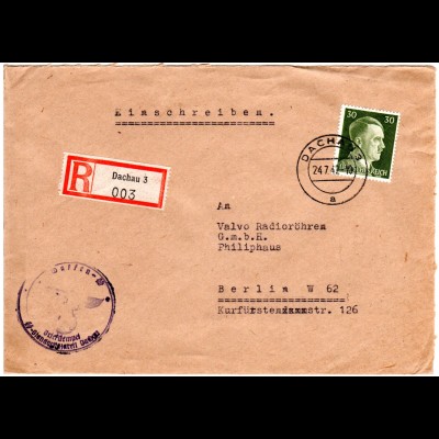 DR 1942, EF 30 Pf. Reko-Gebühr auf portofreiem Waffen-SS Brief v. Dachau