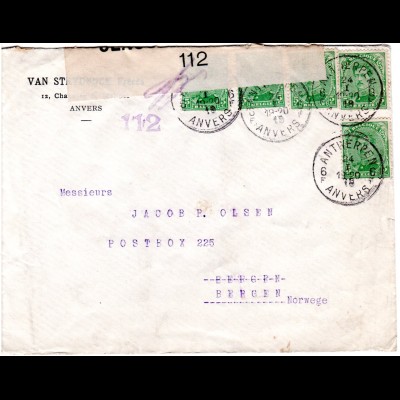 Belgien 1918, 5x5 C. auf Firmen Zensur Brief v. Antwerpen n. Norwegen