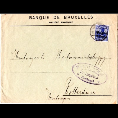 Dt. Besetzung Belgien 1915, 25 C. auf Brief m. Bank Zensur v. Brüssel i.d. NL. 