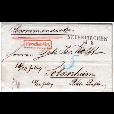 Preussen 1852, L2 NEUENKIRCHEN auf Einschreiben-Brief n. Sobernheim
