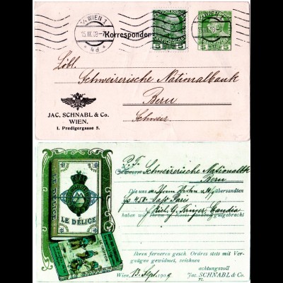Österreich 1909, gebr. 5 Heller J. Schnabl Privatganzache m. Zusatzfrankatur 